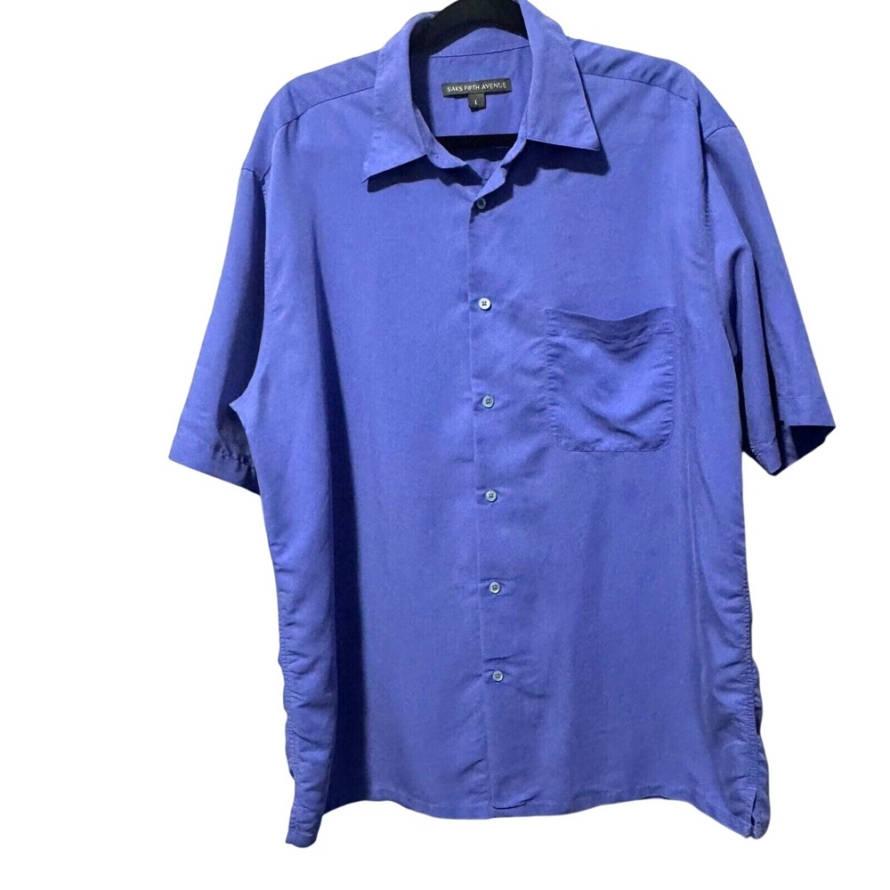 Saks Fifth Avenue Mens Large Blue Modal Rayon Short Sleeve‎ Button Down Shirt